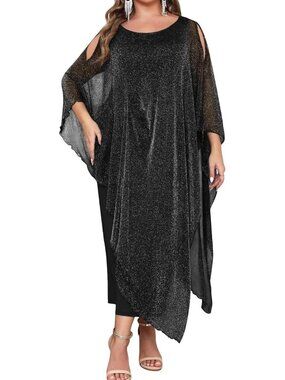 Sparkly Black Plus Size 4X-Large Maxi Dress with Cape Overlay for Formal Events